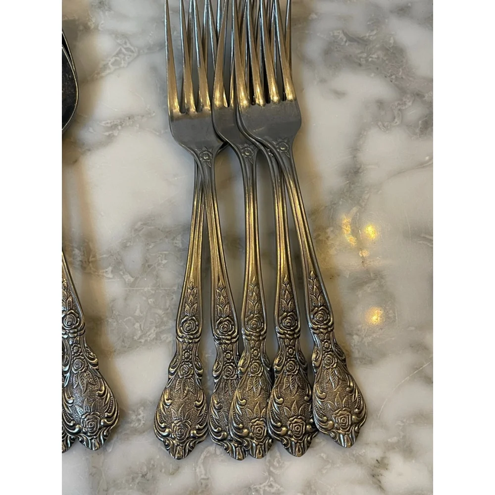 Rose Japan Stainless Baroque Scroll Flatware Set 29 Pc Knives Forks Spoons VTG